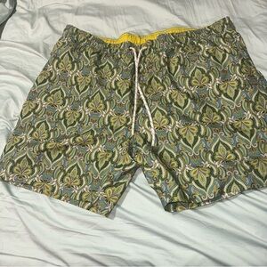 Joseph Abboud Green and Yellow Paisley Swim Trunks